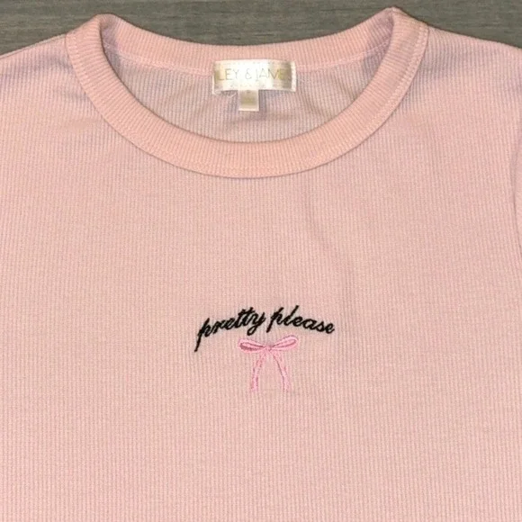 Riley James Ribbed T-Shirt Pretty Please Pink Bow Embroidered Top Short Sleeve S - Picture 1 of 6